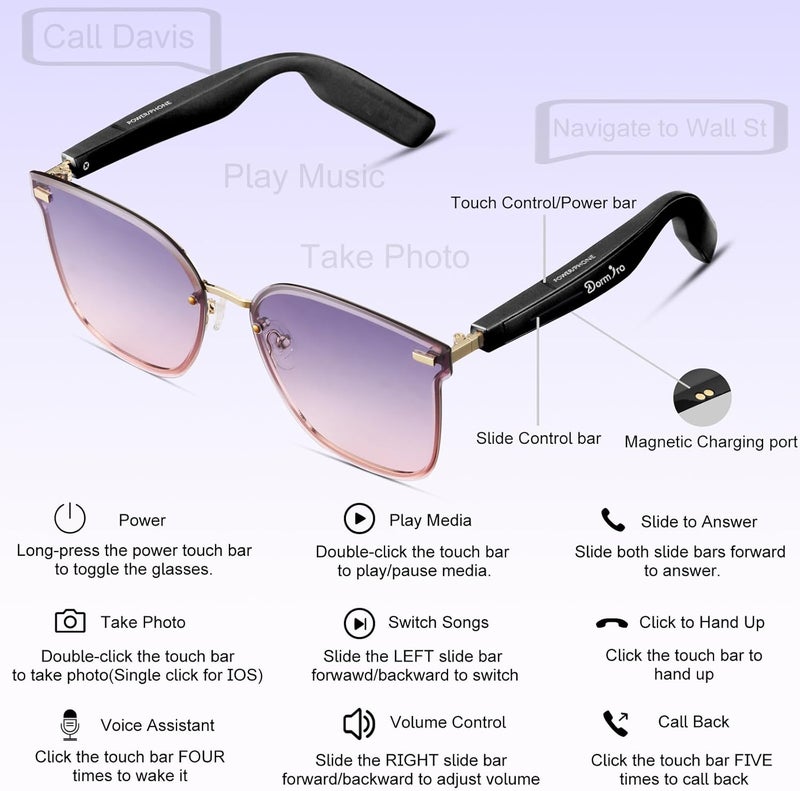 Dormiro Smart Glasses for Women IPX7 Waterproof AI Glasses with Translator 150+ Language Bluetooth Glasses with Speaker,Open Ear Headphones,Touch Control Smart Sunglasses - Image 3